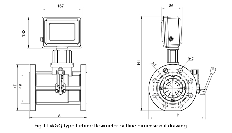 Turbine flowmeter outline dimensional drawing