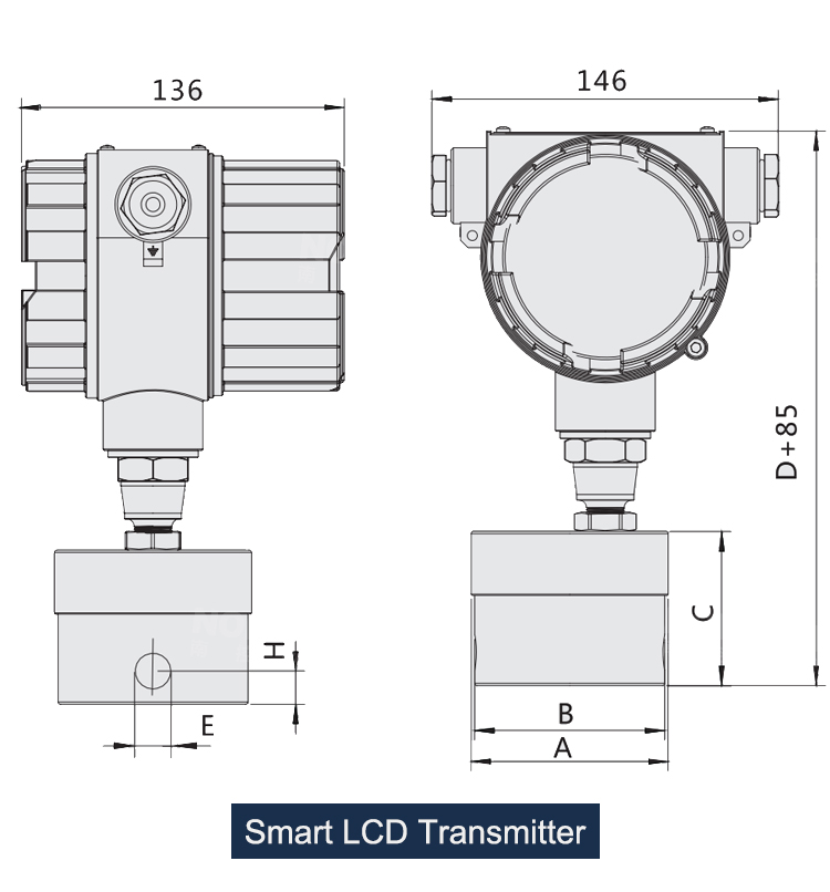 LCD Display transmitter drawing of gear flow meter 